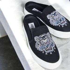 Kenzo Black and White Tiger Embroidered Mules